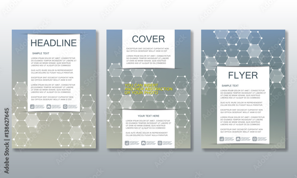 Set of business templates for brochure, flyer, cover magazine in A4 size. Structure molecule DNA and neurons. Geometric abstract background. Medicine, science, technology. Scalable vector graphics.