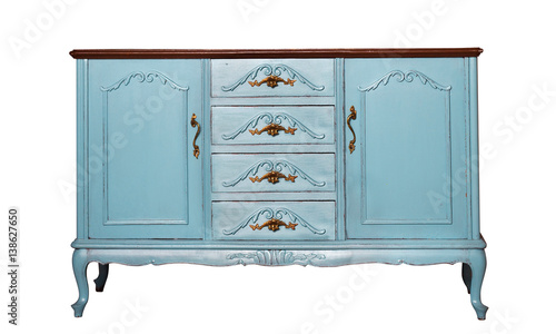 Vintage blue wooden dresser isolated on white. Ethnic dresser. Antique cupboard. Clothes closet. Vanity Table photo