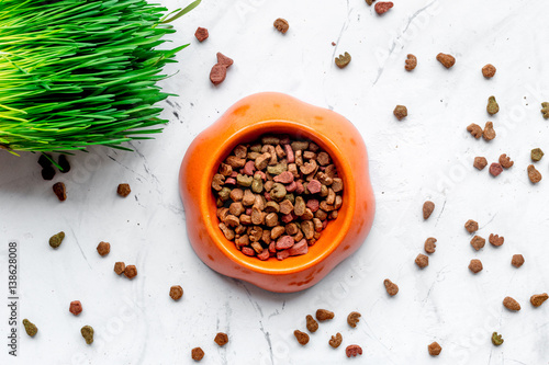 dry cat food in bowl on stone background top view