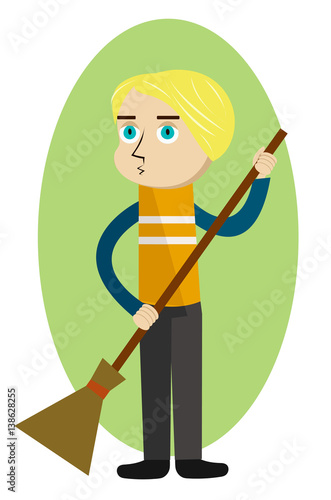 Street cleaner holding a broom