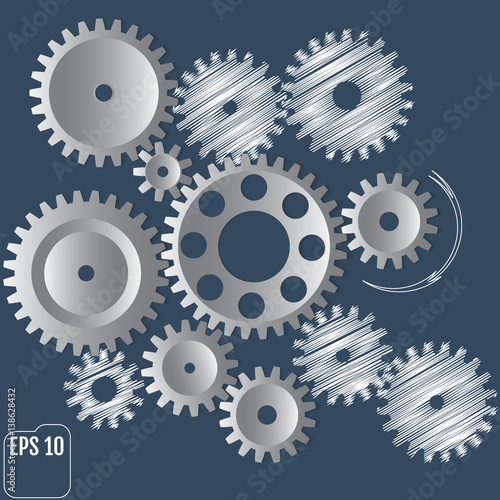 White gears with centre on the gray background. Business Infographic template. Cover template. Design concept. Eps 10 vector file.
