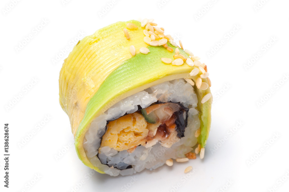 Sushi, nori rolls with salmon, avocado close-up isolated on white background Sushi, nori rolls with salmon, avocado close-up isolated on white background