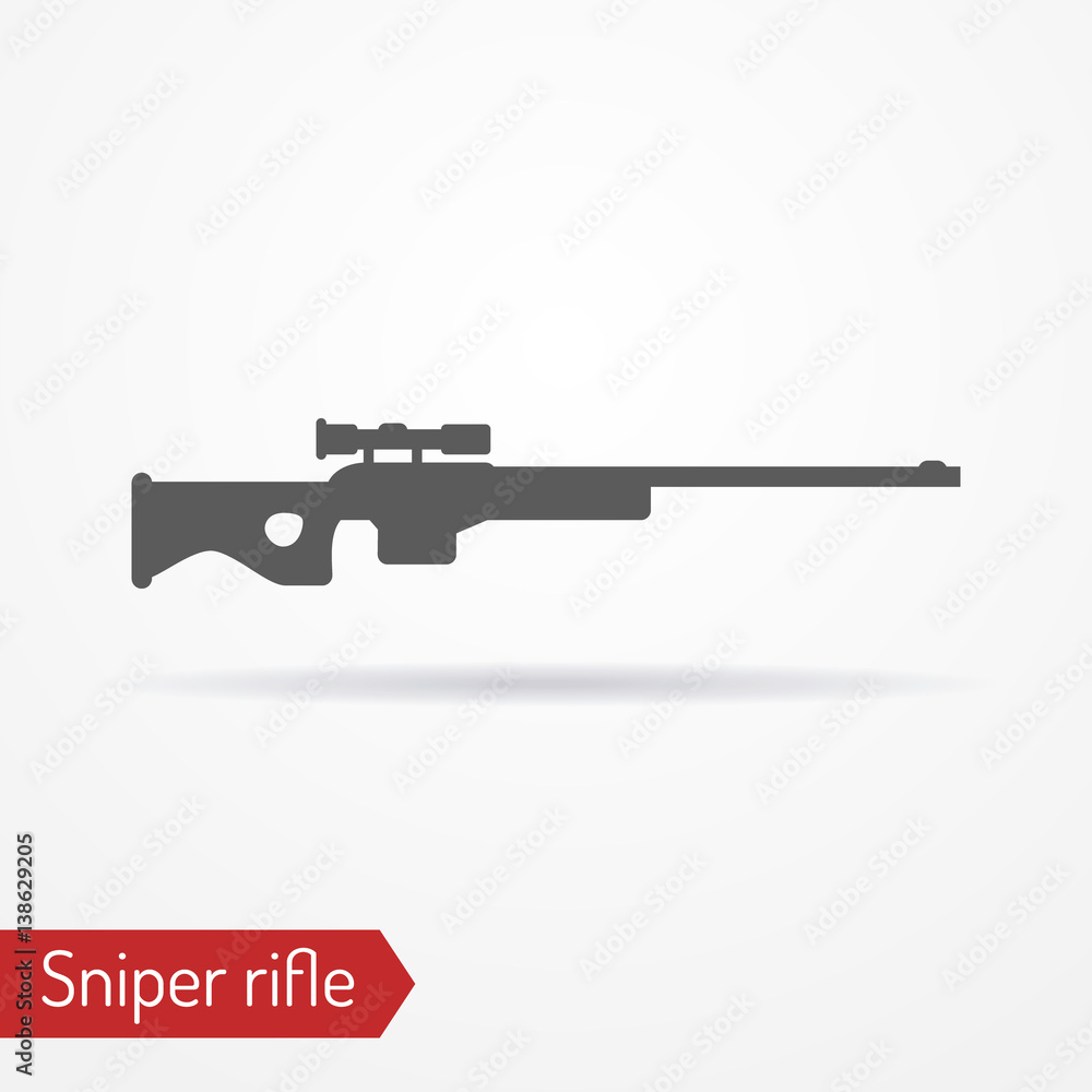 Abstract isolated sniper rifle icon in silhouette style with shadow. Typical army sharpshooter or hunter weapon. Military vector stock image.