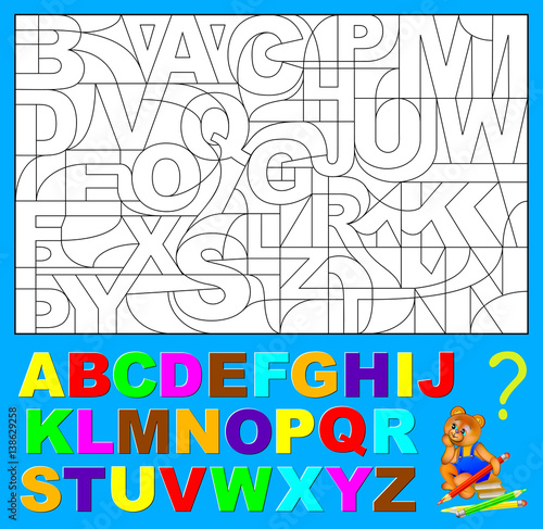 Educational page for young children.  Need to find the hidden letters of English alphabet and paint them in relevant colors. Vector image.