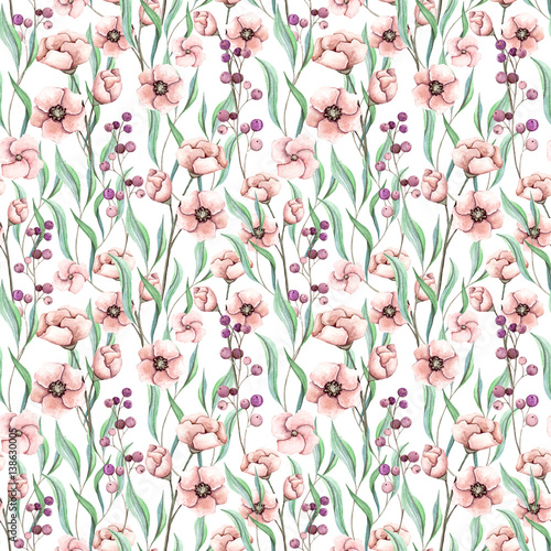 Seamless Pattern of Watercolor Light Red Flowers and Little Berries