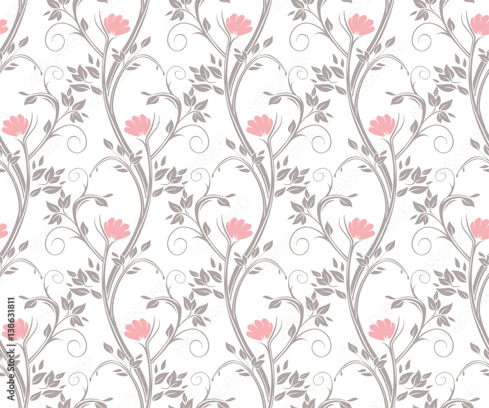 Seamless floral pattern. Stems, pink flowers and silvery leaves ornamental.
