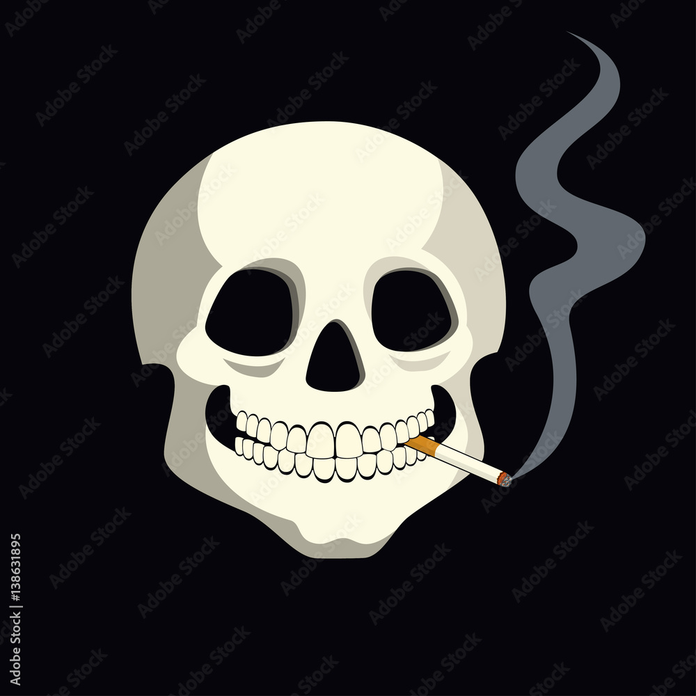 Vector cartoon illustration of a human skull with a burning cigarette between its teeth. Vector cartoon illustration of a human skull with a burning cigarette between its teeth.