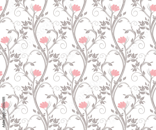 Seamless floral pattern. Stems, pink flowers and silvery leaves ornamental. 