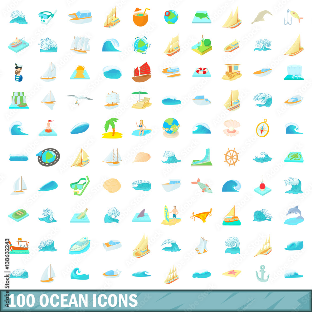 100 ocean icons set, cartoon style 100 ocean icons set, cartoon style