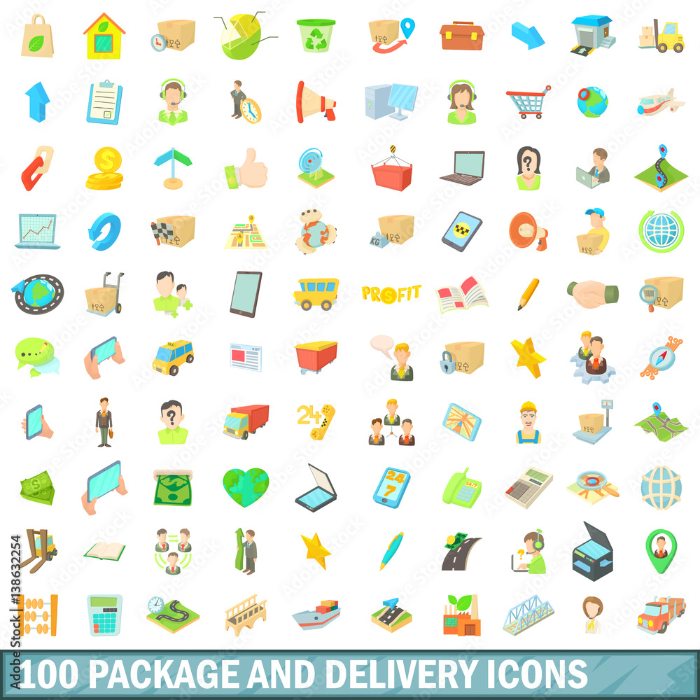 100 package and delivery icons set, cartoon style 100 package and delivery icons set, cartoon style