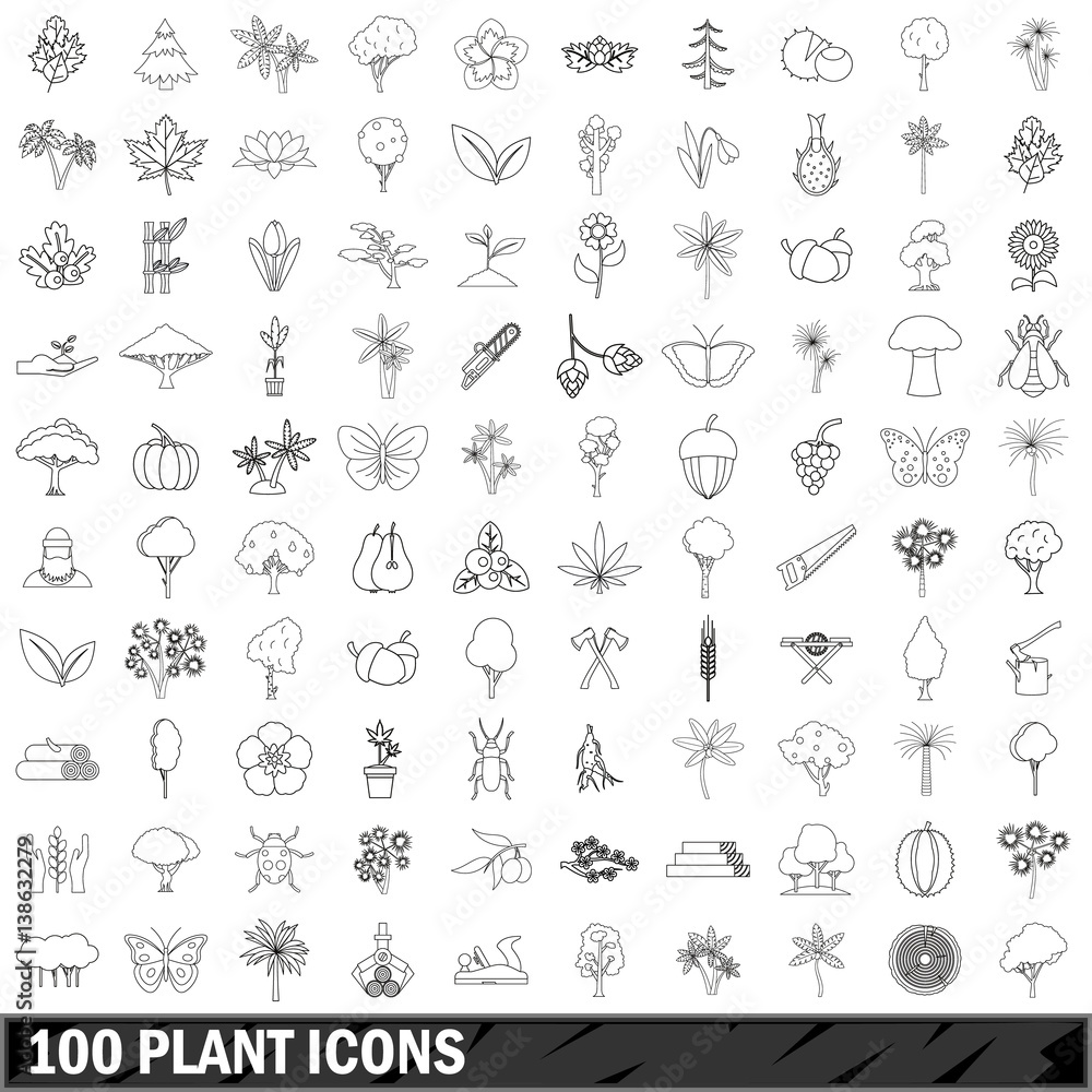 100 plant icons set, outline style 100 plant icons set, outline style