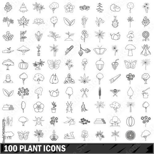 100 plant icons set, outline style