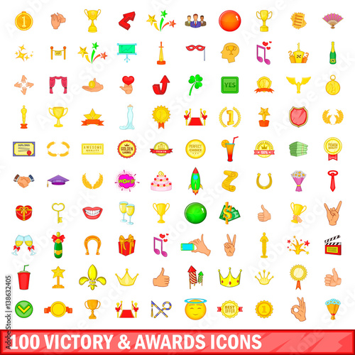 Fototapeta Naklejka Na Ścianę i Meble -  100 victory and awards icons set, cartoon style