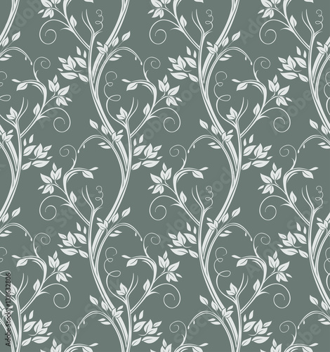 Luxury floral seamless pattern. Silver stems curl on dark background.