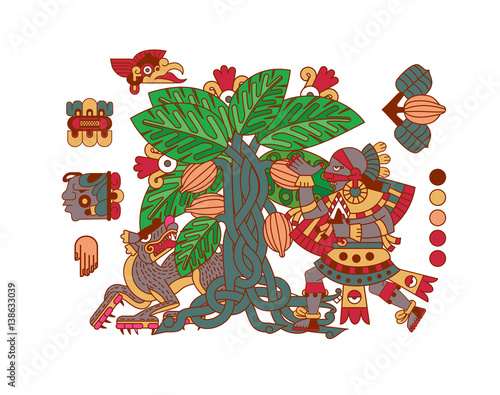 Vector illustration sketch drawing aztec cacao bean, leaves, nibs, pattern for chocolate package design.