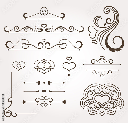 Set of calligraphic floral valentine's day design elements and page decoration. Vector illustration