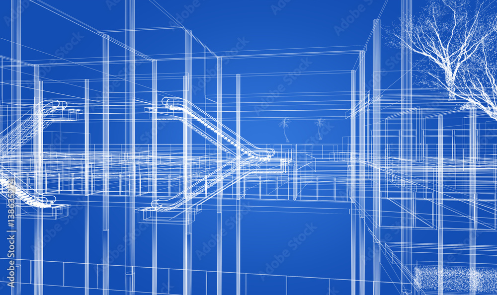 Fototapeta premium sketch design of interior hall, 3d rendering
