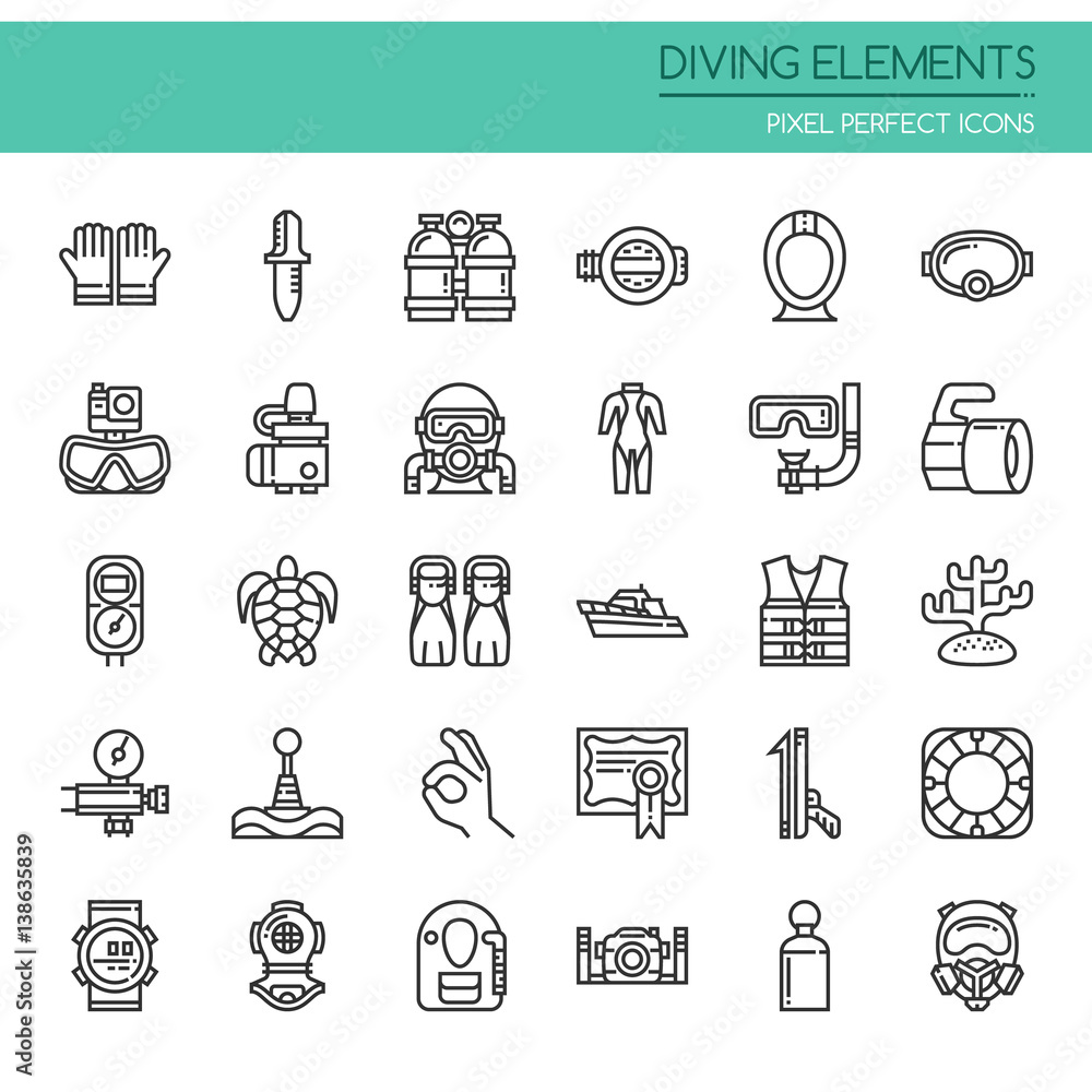 Diving Elements , Thin Line and Pixel Perfect Icons Diving Elements , Thin Line and Pixel Perfect Icons