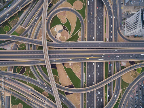 aerial view of road junction with railway tracks in Dubai, UAE