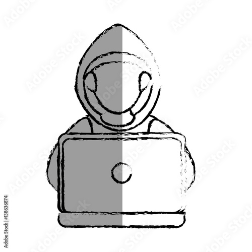 monochrome blurred contour with hacker faceless and laptop vector illustration