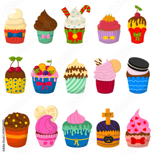 Set of cute vector cupcakes and muffins isolated on white