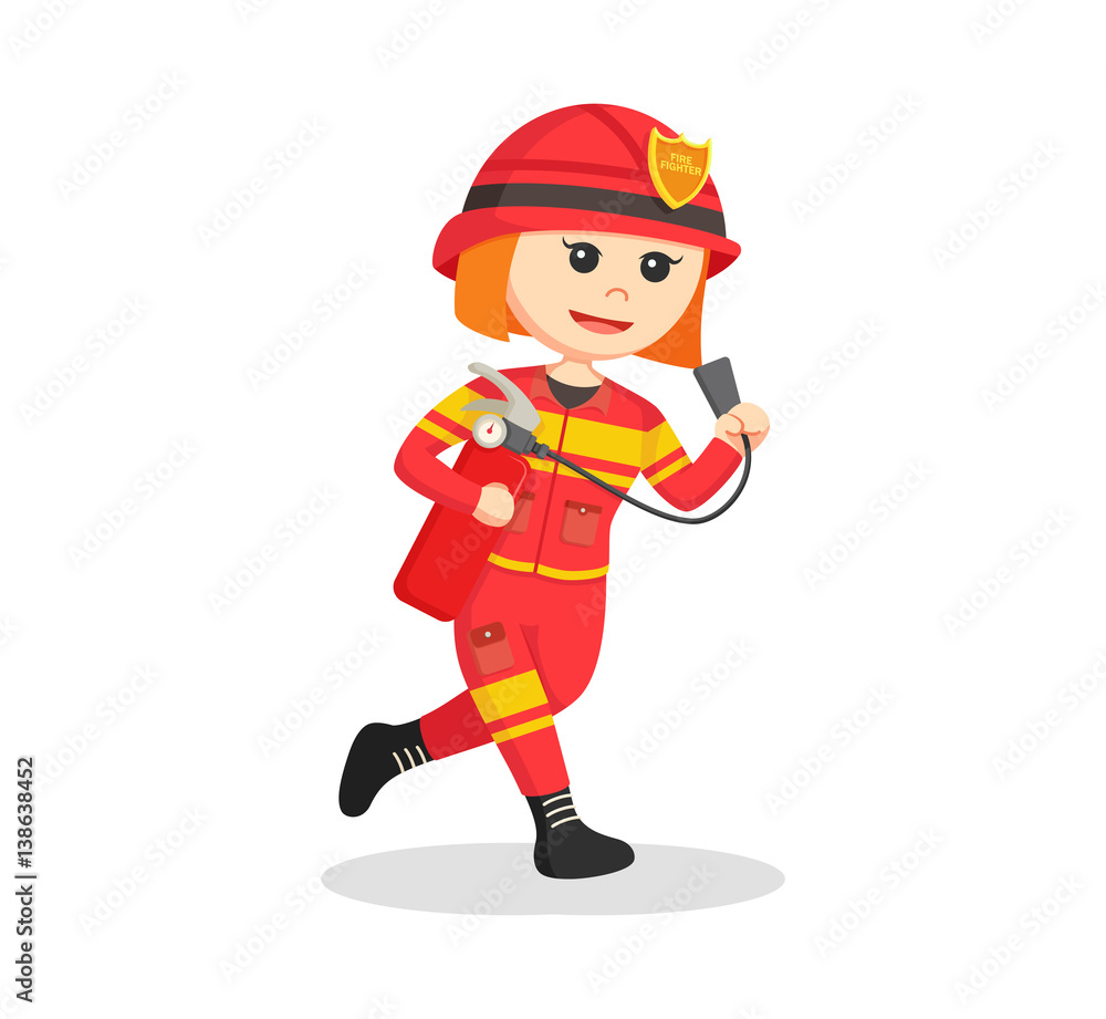 firewoman running with fire extinguisher