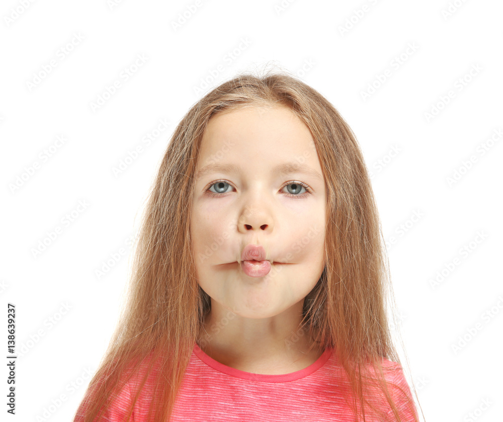 Little girl training pronounce letters on white background Little girl training pronounce letters on white background