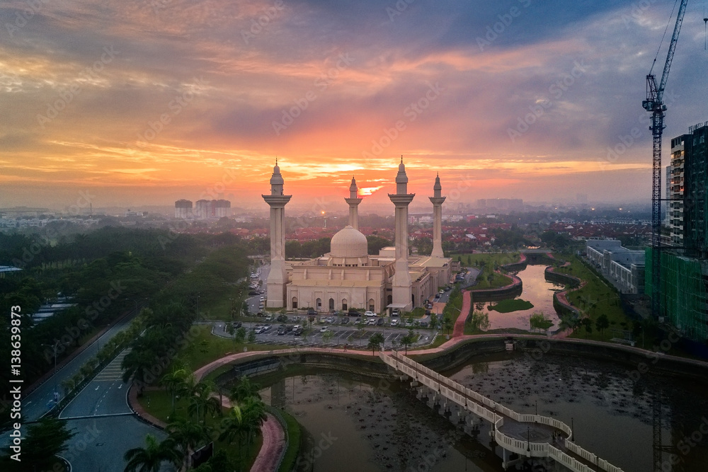 Sunrise at a mosque - aerial view