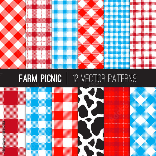 Farm Picnic Tablecloth Gingham and Cow Print Patterns. Red, Blue and White Plaid Fabric Backgrounds. Vector Pattern Tile Swatches Included.