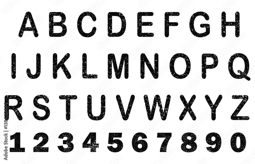 Vintage retro typeface. Rubber Stamp Alphabet and Numbers on white background.