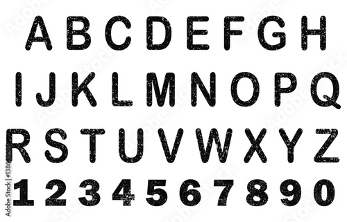 Vintage retro typeface. Rubber Stamp Alphabet and Numbers on white background.