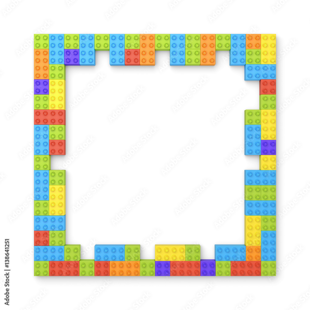3d rendering of many blocks in different colors making up one hollow square shape in top view.