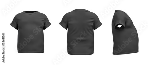 3d rendering of a black T-shirt in realistic fat shape in side, front and back view on white background.