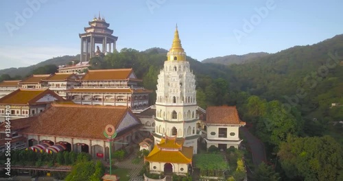 White Pagoda in Kek Lok Si Temple, Penang, Malaysia, Wraparound Aerial Shot
