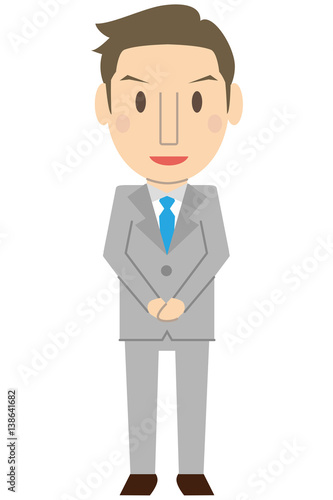 かわいい若い短髪ビジネスマン　さわやか　グレーのスーツ　お出迎え