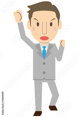 かわいい若い短髪ビジネスマン　さわやか　グレーのスーツ　ガッツポーズ