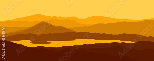 Mountain Landscape, Silhouette Landscape Mountain Hill and Lake Vector Illustration