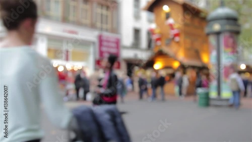 Large Anonymous Crowd Busy German Christmas Market Stall  Xmas Lights