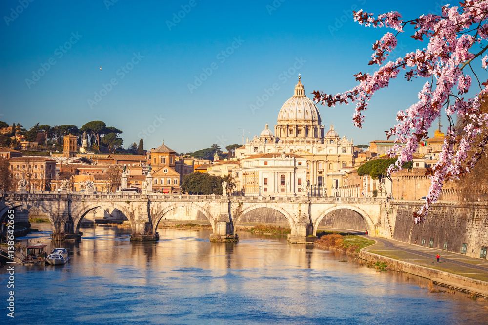 Naklejka premium Widok na Tyber i katedrę św. Piotra w Rzymie