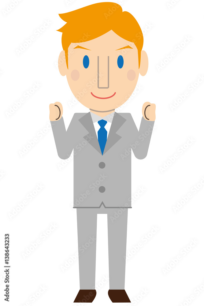 かわいいブロンド外国人　教師　ビジネスマン　グレーのスーツ 笑顔で小さく両手ガッツポーズ