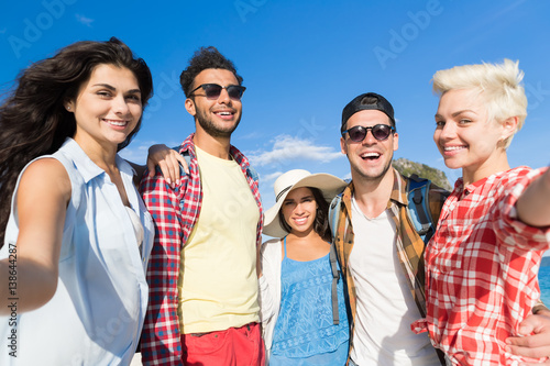 Young People Group On Beach Summer Vacation, Happy Smiling Friends Taking Selfie Photo Sea Ocean Holiday Travel