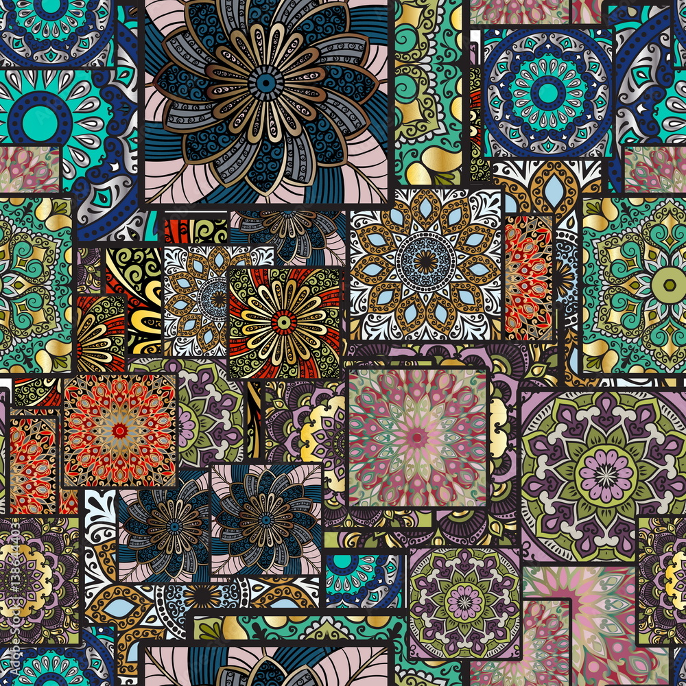 Fototapeta premium Colorful floral seamless pattern from squares with mandala in patchwork boho chic style, in portuguese and moroccan motif