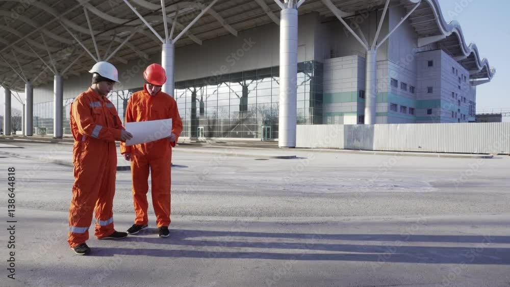 Vidéo Stock Two construction workers in orange uniform and helmets ...