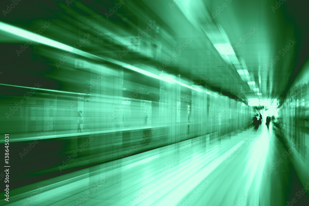 High speed business and technology concept, Acceleration super fast speedy motion blur of train station for background design.