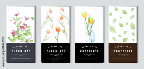 Chocolate bar packaging mock up set, watercolor style. Trendy luxury product branding template with label and geometric pattern. vector