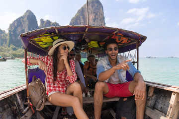 Young People Group Tourist Sail Long Tail Thailand Boat Ocean Friends Sea Vacation Travel Trip Tropical Holiday