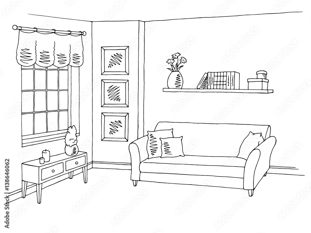 Living room graphic black white interior sketch illustration vector