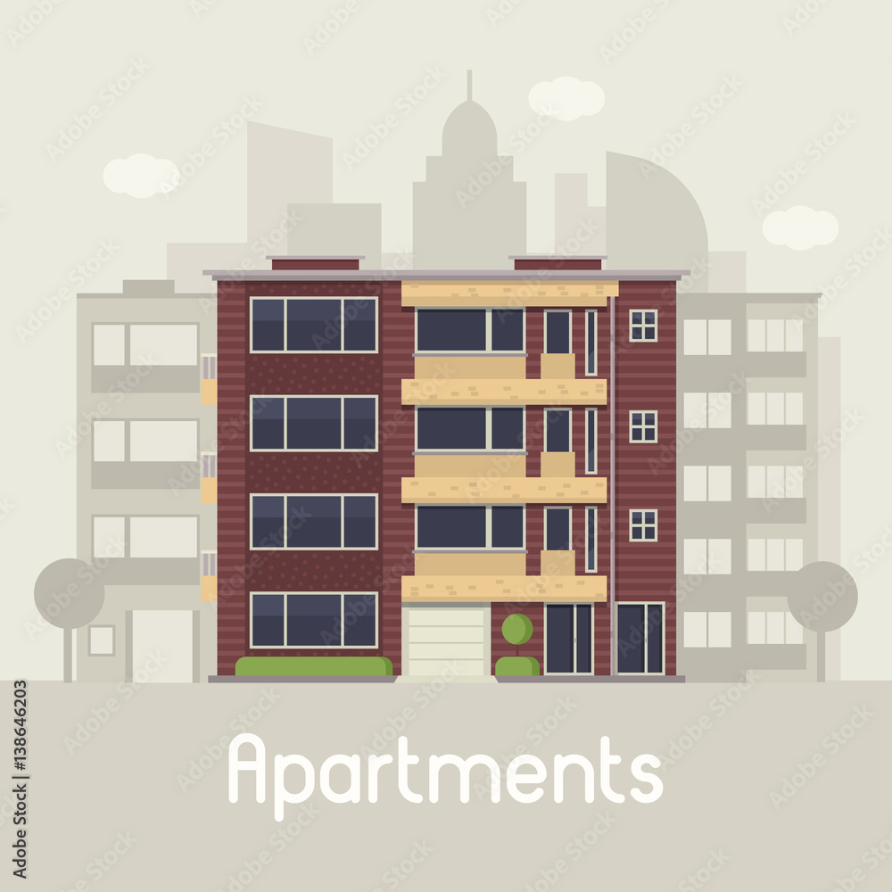 Apartment building front view on urban background. Multistory house on town landscape vector illustration. Bauhaus architecture urban home in flat design. Real estate agency in modern city concept.