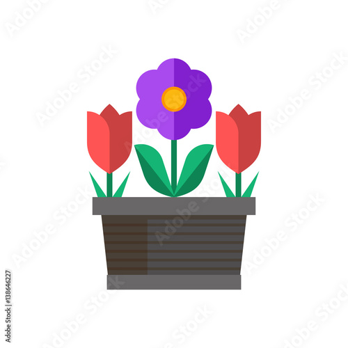 Spring flower pot with red tulips and abstract blossom. Flowerpot vector illustration in flat design.