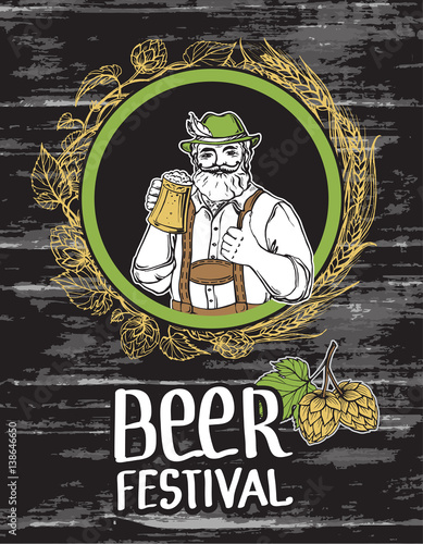 Wreath with Happy brewer or craftsman's characters holding a mug full of beer in graphic style vector illustration